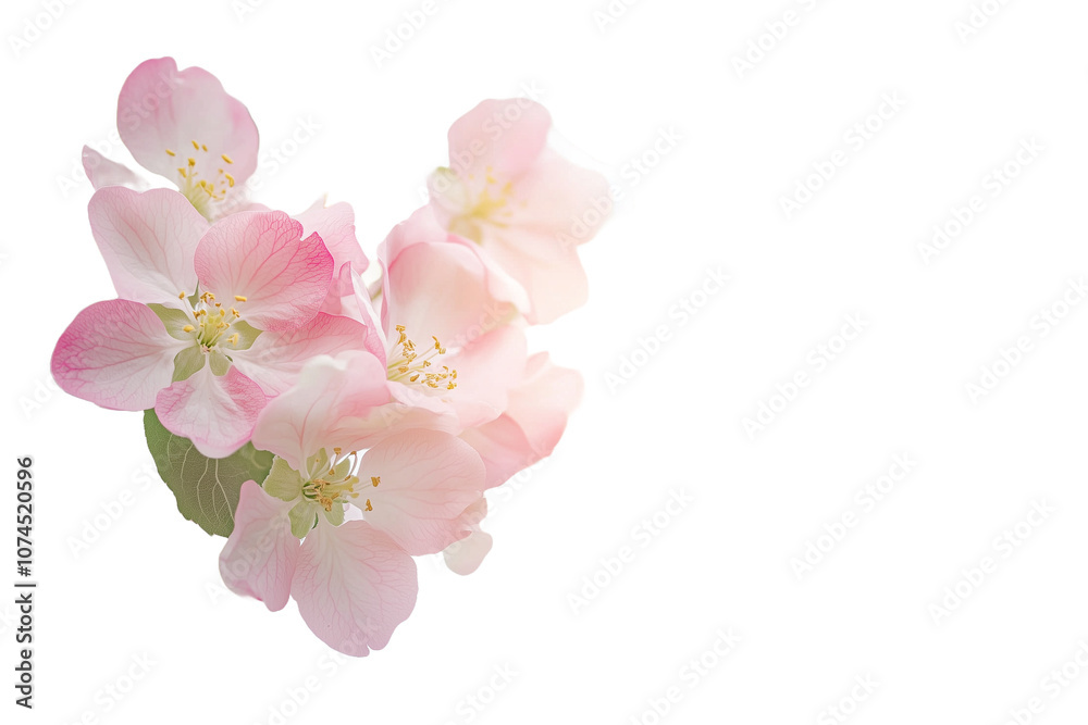 A frame of delicate pink and white blossoms with green leaves on the edges, against a white background, in high-resolution photography. A frame of delicate pink and white blossoms with green leaves on the edges, against a white background, in high-resolution photography.