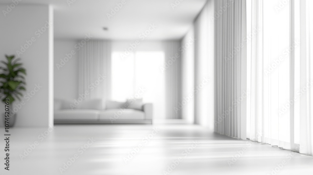 A calm interior space with natural light illuminating a modern living room and a leafy plant in the foreground during the daytime A calm interior space with natural light illuminating a modern living room and a leafy plant in the foreground during the daytime