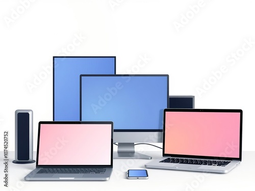 Realistic vector illustration of multiple electronic devices including monitors, laptop, tablet, and phone, communication, digital, devices