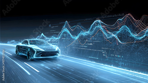 Futuristic sedan on a digital road at night.