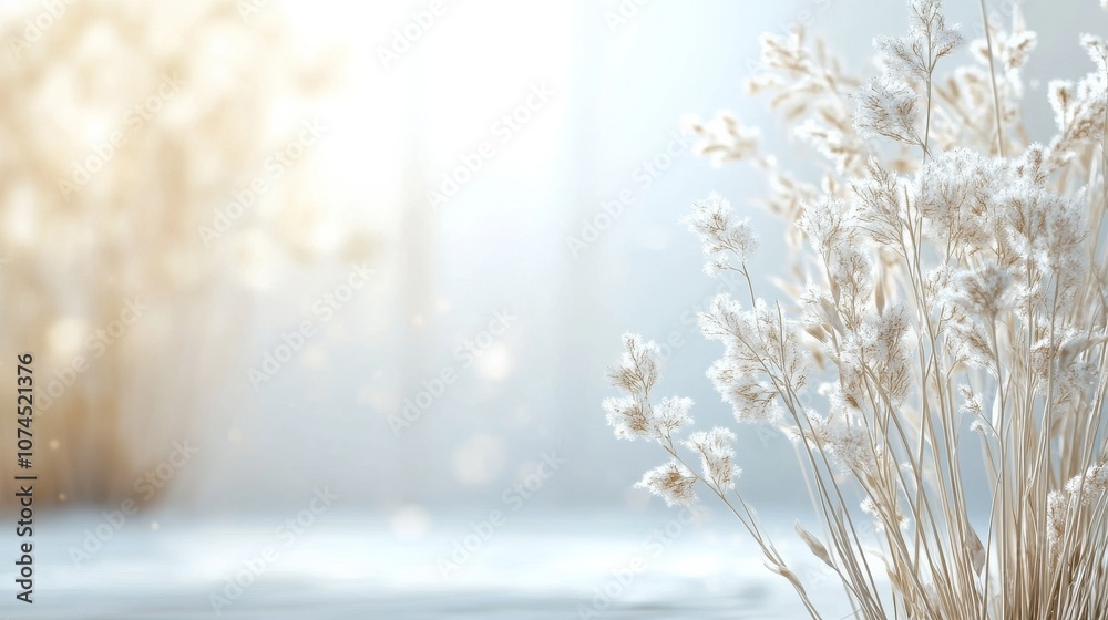 Delicate white grasses swaying gently in the soft light of dawn, creating a tranquil atmosphere in a misty landscape Delicate white grasses swaying gently in the soft light of dawn, creating a tranquil atmosphere in a misty landscape