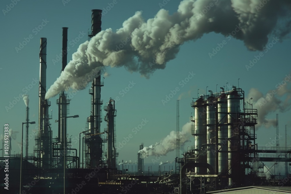 Smoke billowing from a large industrial factory, emphasizing environmental concerns Smoke billowing from a large industrial factory, emphasizing environmental concerns