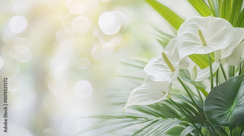 Elegant white flowers with green foliage in a soft, dreamy background captured in a serene garden during early morning light Elegant white flowers with green foliage in a soft, dreamy background captured in a serene garden during early morning light