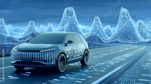 Futuristic electric SUV on a digital highway photo