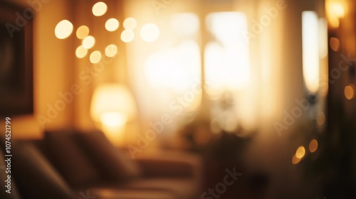 Warm sunlight filters through a cozy living room filled with soft bokeh lights and inviting furniture during the golden hour