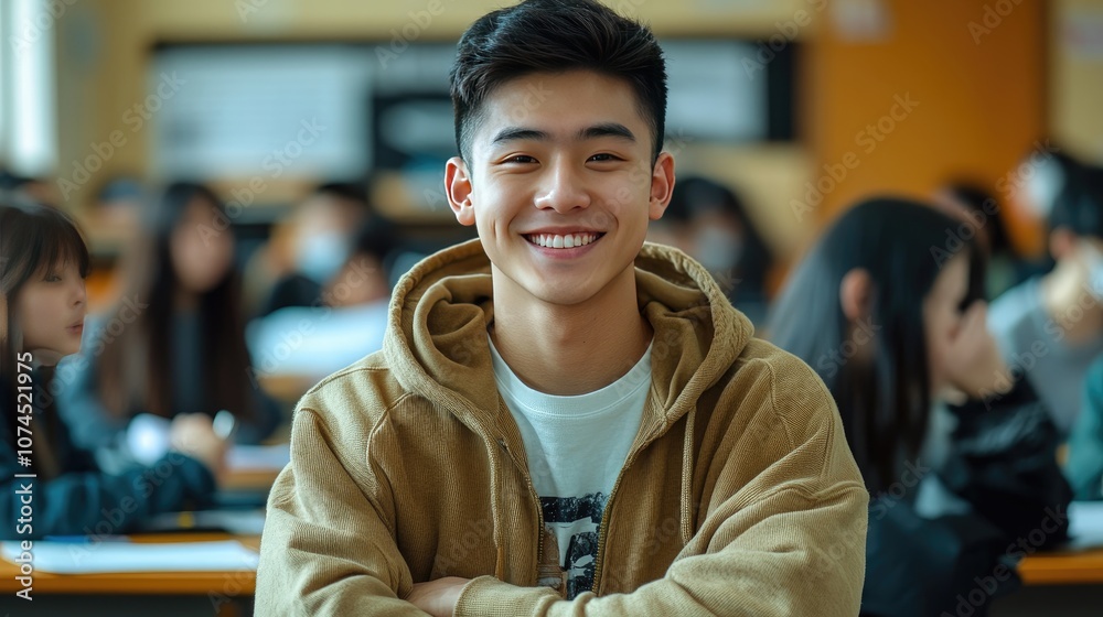 Naklejka premium A smiling Asian young man in a classroom. This photo depicts a happy and confident student, perfect for educational themes.