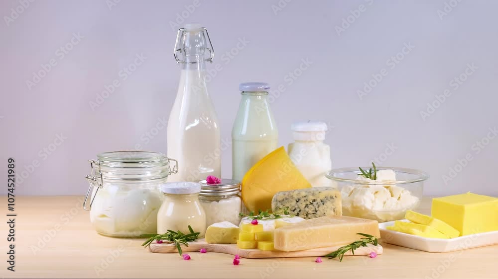 Dairy Products Display on Wooden Table Dairy Products Display on Wooden Table