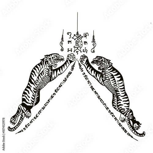 "Yant Suea Phayong Det" is a Thai traditional tattoo featuring the image of a tiger, symbolizing power, courage, and protection. The term "Phayong Det" suggests the tiger's fierce and majestic nature.