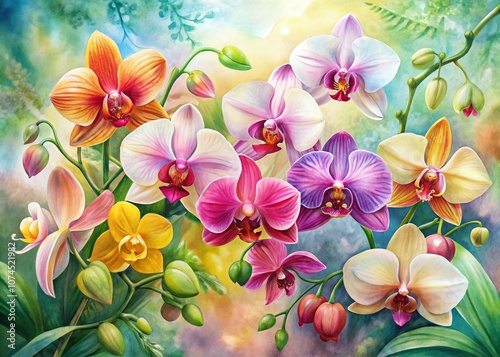 Panoramic View of Vibrant Orchids in Watercolor Style, Capturing the Beauty of Nature with Stunning Details and Soft Pastel Colors for Botanical Enthusiasts and Art Lovers