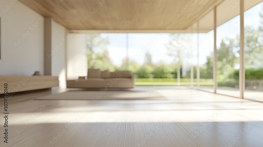 Fototapeta premium Bright and airy modern living room interior with large windows overlooking a green outdoor space in the afternoon light
