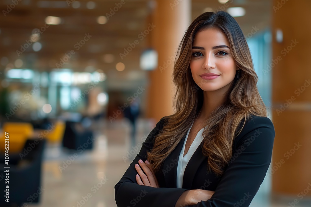 Professional woman posing confidently in a modern office lobby, businessperson with copy space for text, company CEO Professional woman posing confidently in a modern office lobby, businessperson with copy space for text, company CEO