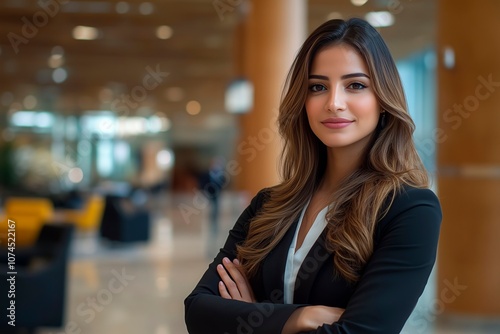 Professional woman posing confidently in a modern office lobby, businessperson with copy space for text, company CEO