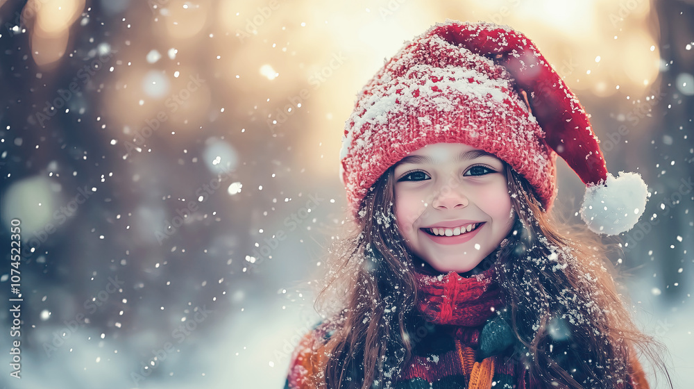 Joyful girl smiling in a winter wonderland with snowflakes and a festive red hat Joyful girl smiling in a winter wonderland with snowflakes and a festive red hat