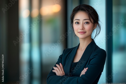 Confident Asiatic businesswoman posing in a modern office environment during daytime, businessperson with copy space for text, company CEO