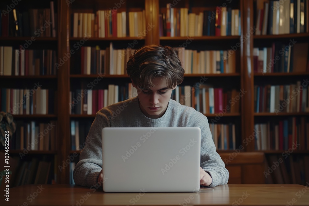 Young man studying in library, focused on laptop, surrounded by books Young man studying in library, focused on laptop, surrounded by books