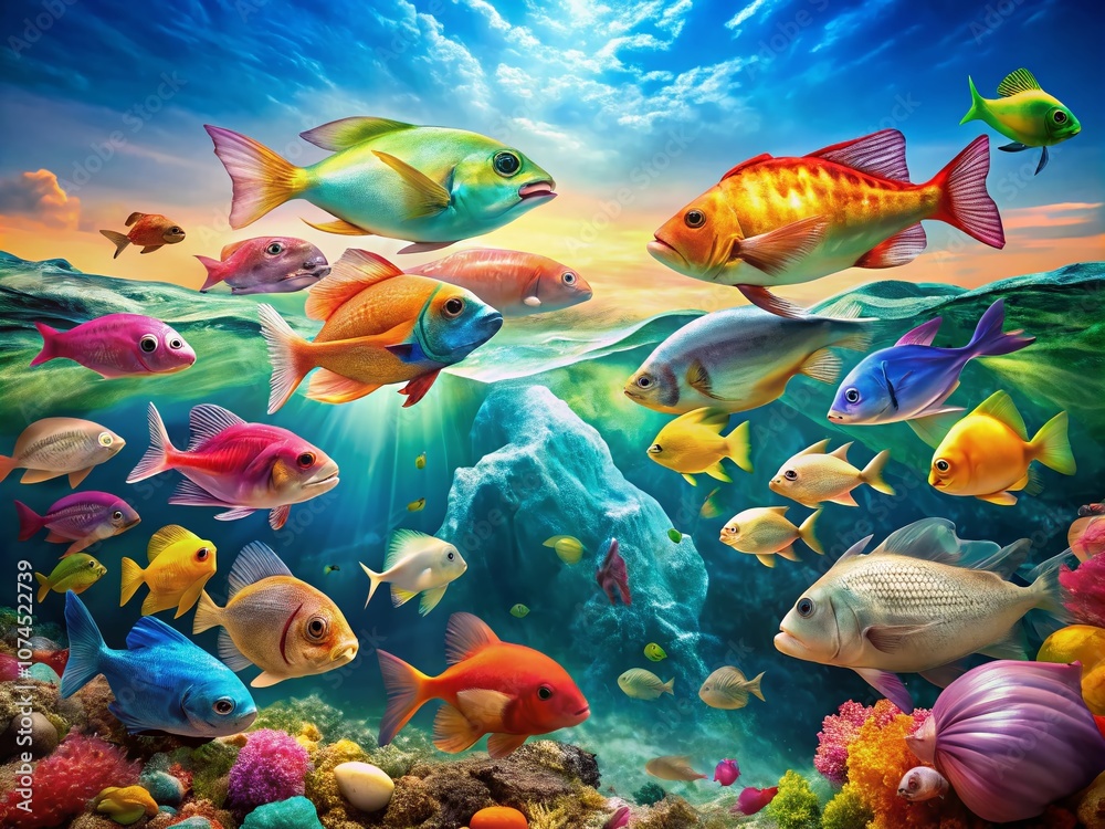 Naklejka premium Plastic Bags Among Vibrant Fish: A Portrait of Ocean Pollution and Its Devastating Impact on Marine Wildlife, Highlighting the Urgent Need for Conservation and Environmental Action