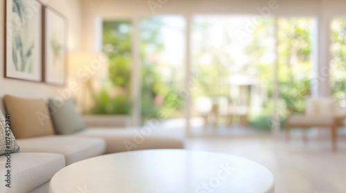 Cozy living room with soft furnishings and large windows overlooking a vibrant garden on a sunny day