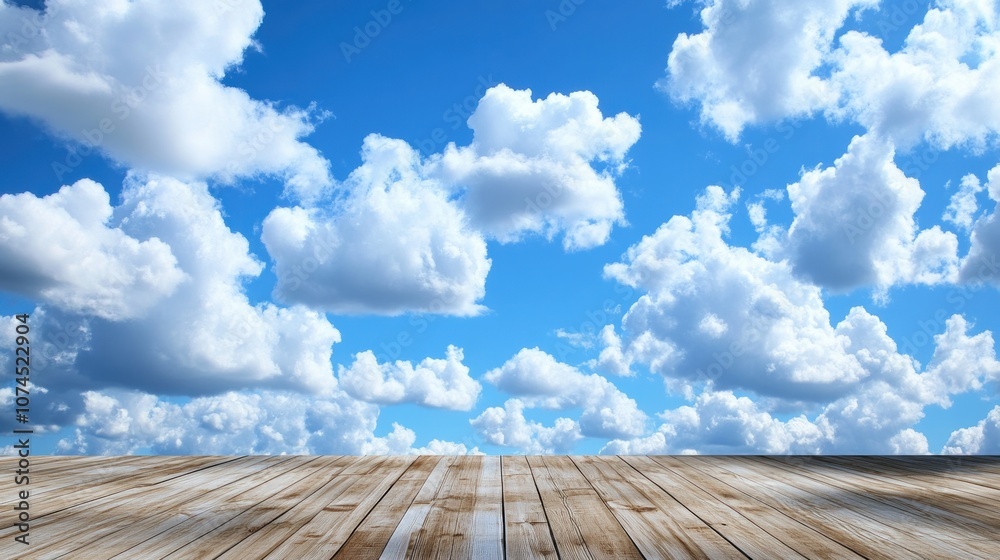 Breathe in the serenity of blue skies and fluffy clouds over a wooden deck Breathe in the serenity of blue skies and fluffy clouds over a wooden deck