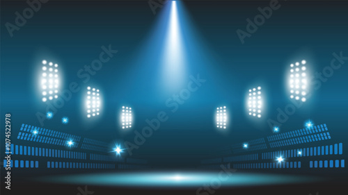 Abstract technology background stadium stage hall with scenic lights of round futuristic technology user interface Blue vector lighting empty stage spotlight background.