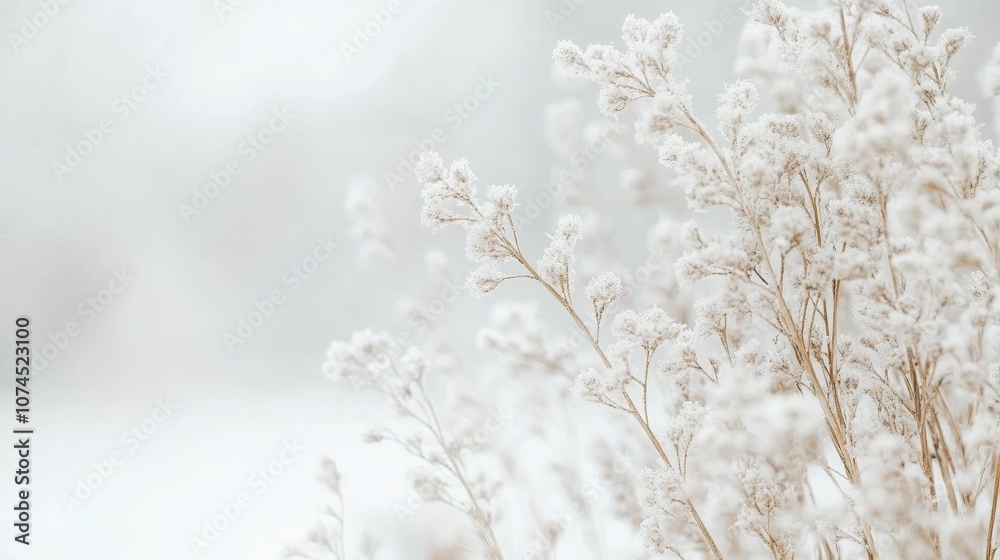 Delicate white flowers stand out in a soft, blurry winter landscape during a serene afternoon