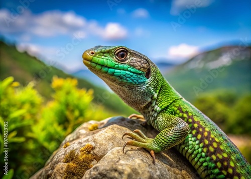 Portrait of an Alert Male Italian Wall Lizard (Podarcis siculus) in a Natural Landscape Setting, Showcasing Its Vibrant Colors and Unique Features in a Serene Environment