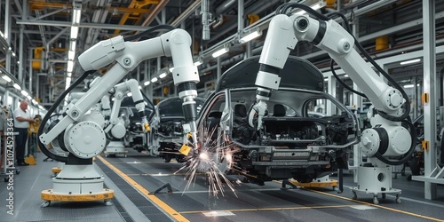 Wallpaper Mural Robotic arms welding automobile parts on assembly line in car manufacturing plant, mechanical, car manufacturing Torontodigital.ca