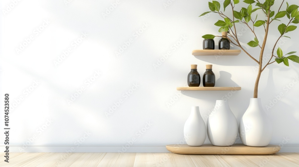 Stylish home decor shelves showcase elegant vases and natural greenery Stylish home decor shelves showcase elegant vases and natural greenery