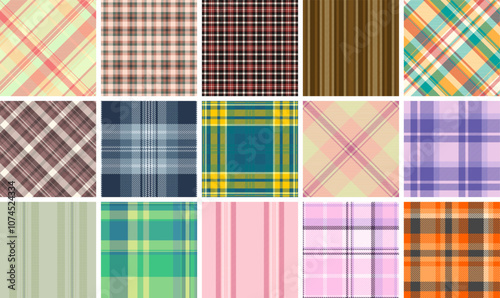 A collection of trendy plaid patterns with geometric checks, perfect for textile, fabric, wallpaper, or clothing designs.