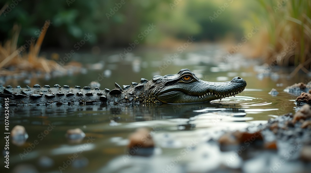 Obraz premium Crocodile swims in a polluted river. Concept of ecological disaster .