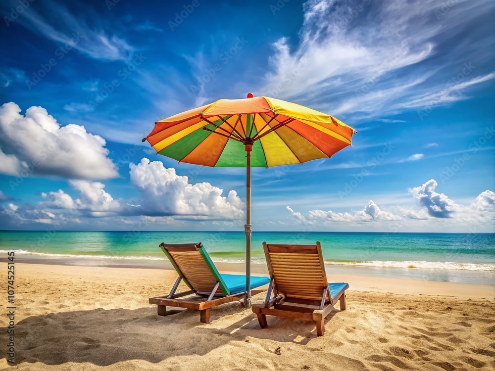 Relaxing Beach Scene with Umbrella and Lounge Chairs Perfect for Vacation Imagery and Travel Promotions with Clear Skies and Blue Ocean, Ideal for Summer Advertising and Relaxation Themes Relaxing Beach Scene with Umbrella and Lounge Chairs Perfect for Vacation Imagery and Travel Promotions with Clear Skies and Blue Ocean, Ideal for Summer Advertising and Relaxation Themes