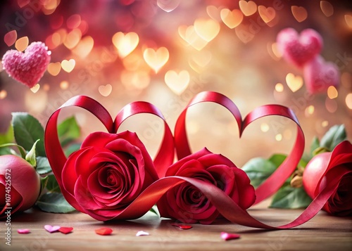 Romantic Red Silk Ribbon Hearts and Elegant Waves with Beautiful Rose Flowers for a Perfect Valentine's Day Celebration