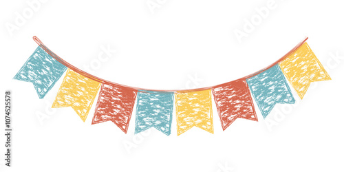 Festive vintage garlands with thanksgiving bunting flags in autumn colors chalk drawing. Holiday decorations. Doodle crayon style. School children on chalkboard concept.