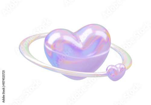 3D holo planetary heart with rings and heart satellite. Galaxy love planet, romantic futuristic shape with chrome elements. Shiny metallic love retro concept. Vector illustration on white background