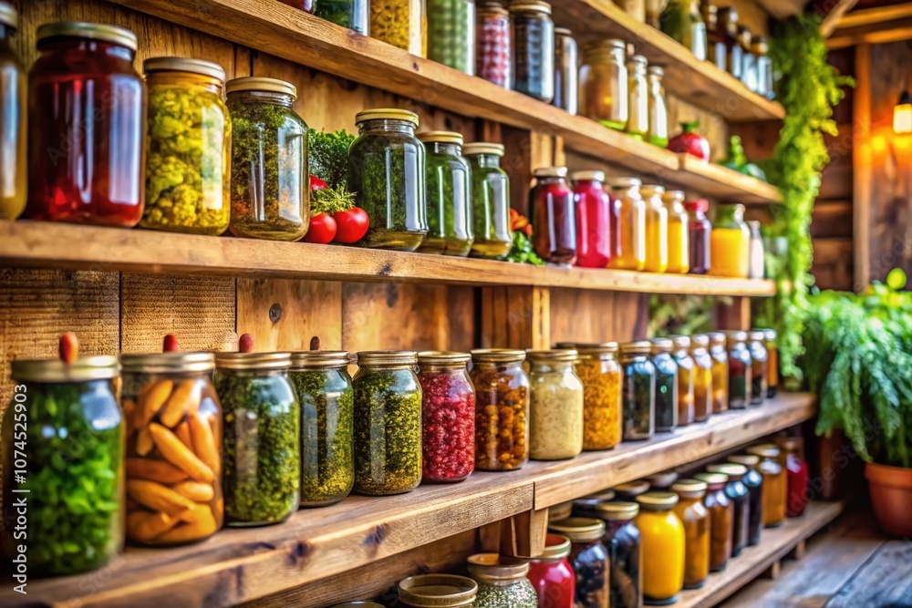 Rustic Pantry with Jars of Preserved Foods and Fresh Greens on Wooden Shelves, Showcasing a Cozy and Inviting Culinary Space Filled with Spices and Natural Ingredients