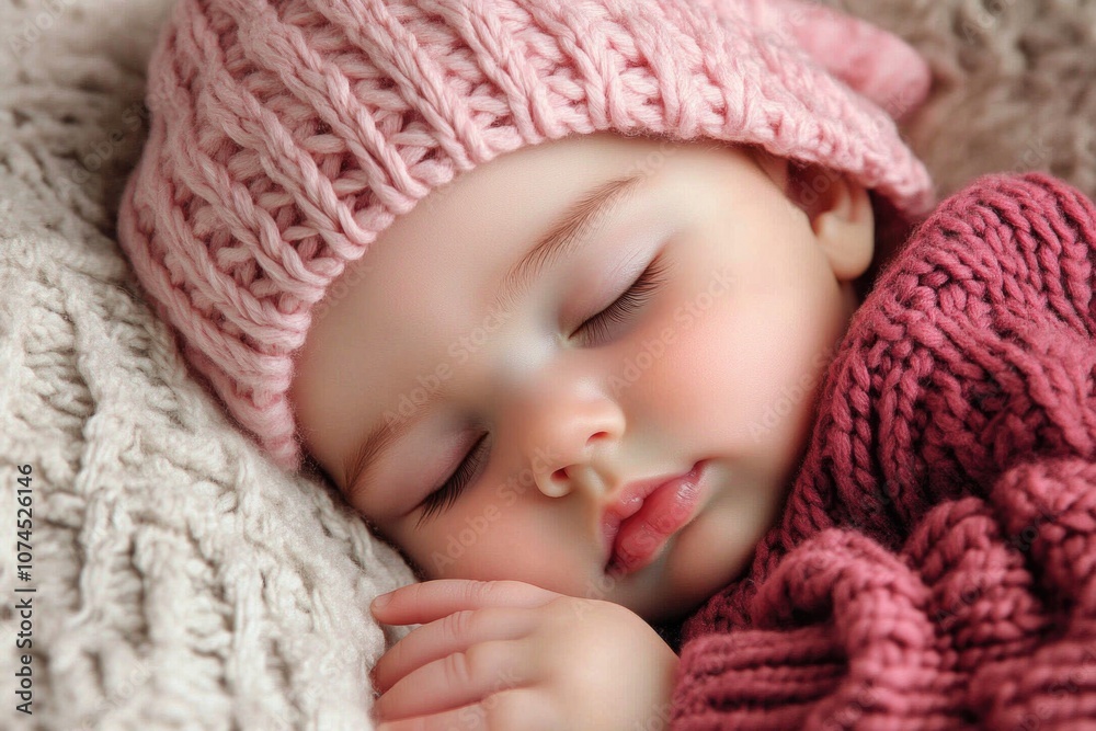 A baby sleeping peacefully while wearing a soft pink knitted hat A baby sleeping peacefully while wearing a soft pink knitted hat