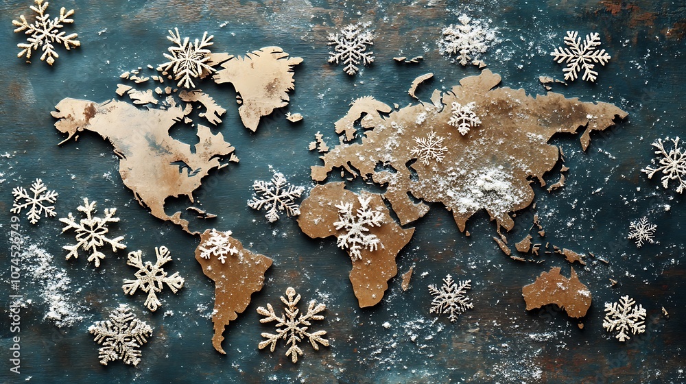 Golden World Map Adorned with Snowflakes Golden World Map Adorned with Snowflakes