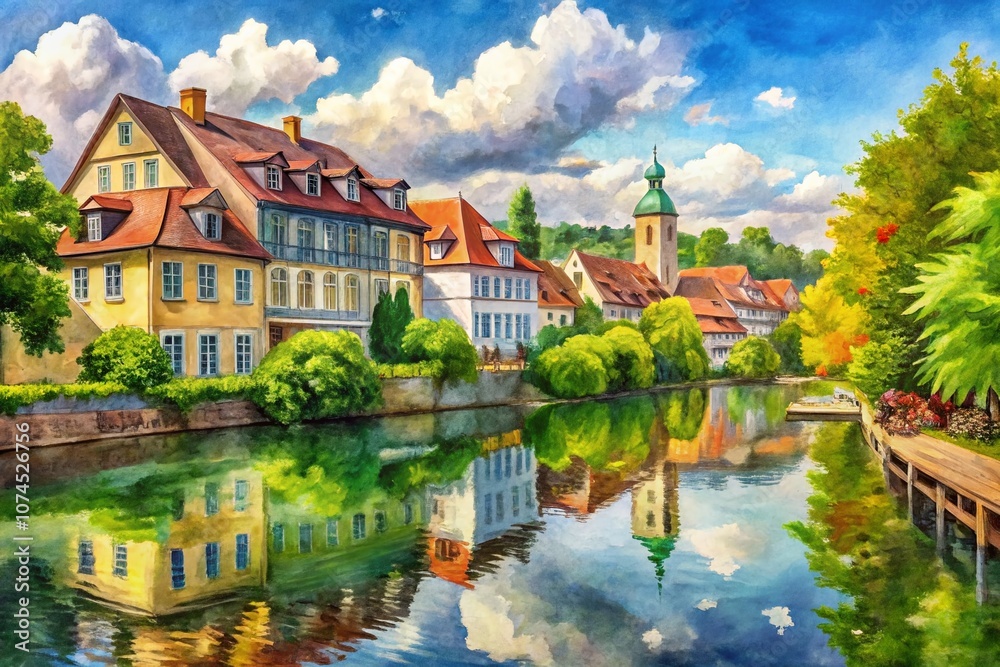Serene Architectural Reflection: A Watercolor River Scene Merging Nature and Structure with Tranquil Waterways and Vibrant Colors for Stunning Visual Impact Serene Architectural Reflection: A Watercolor River Scene Merging Nature and Structure with Tranquil Waterways and Vibrant Colors for Stunning Visual Impact