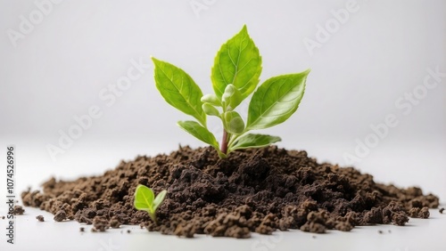 On a white background, a young green plant is isolated in soil.-