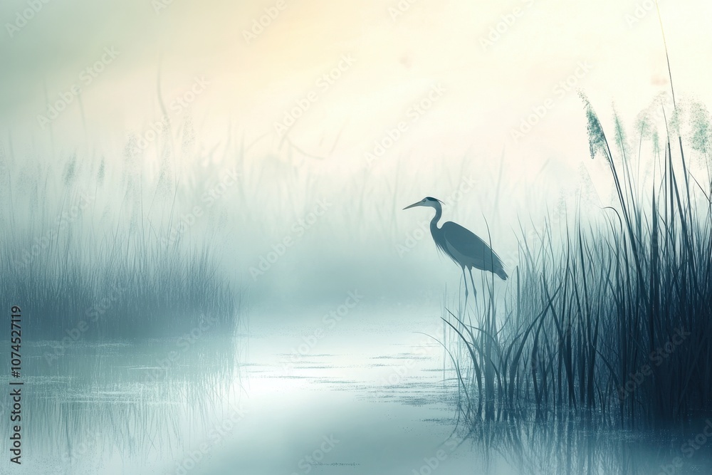 Grassy Marshland with Fog A heron stands silently in the distance Grassy Marshland with Fog A heron stands silently in the distance
