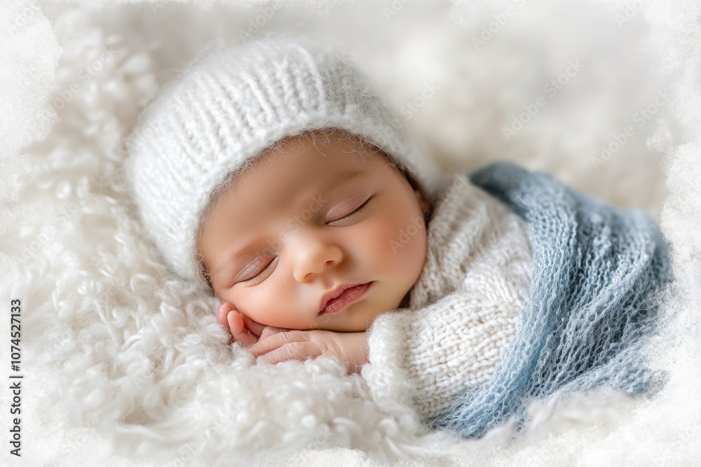 A baby is sleeping peacefully wrapped in a cozy blanket, wearing a knitted hat A baby is sleeping peacefully wrapped in a cozy blanket, wearing a knitted hat