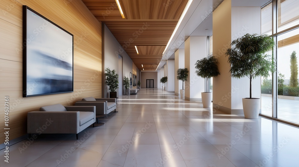 A modern, spacious hallway featuring wooden beams, natural light, greenery, and contemporary furnishings for a welcoming atmosphere. A modern, spacious hallway featuring wooden beams, natural light, greenery, and contemporary furnishings for a welcoming atmosphere.