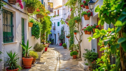 Serene Mediterranean Alley Surrounded by White Houses and Lush Greenery â€“ Enchanting Bokeh Effect for a Dreamy Atmosphere