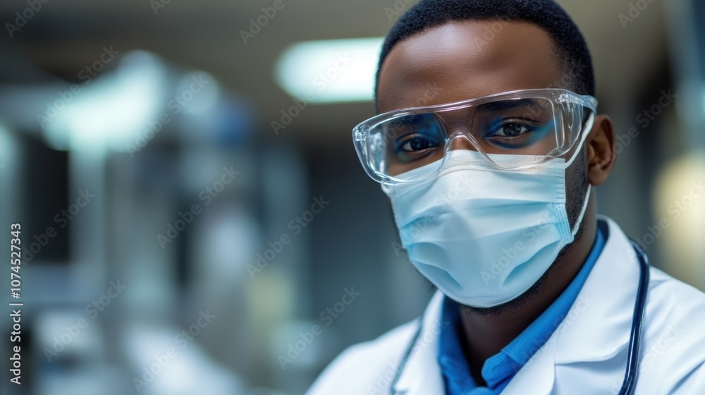 Healthcare professional in hospital setting wearing protective gear Healthcare professional in hospital setting wearing protective gear