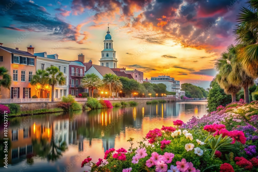 Fototapeta premium Serene Charleston Watercolor Portraits Capturing the Charm of Southern Architecture and Vibrant Colors in an Elegant Artistic Style for a Tranquil Visual Experience