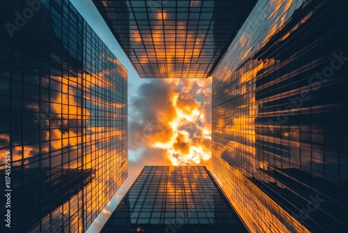 A towering skyscraper rises from the clouds, its peak shrouded in mist