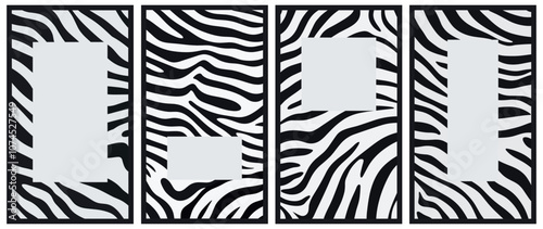 Abstract zebra stripe black and white background posters set. Safari exotic wild animal backdrop skin print pattern. Card cover banner social media design. Cartoon minimalistic style vector