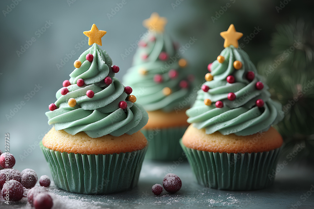 Festive holiday cupcakes with green buttercream piped into tree shapes, complete with colorful decorations and a star topper, Leave space for text