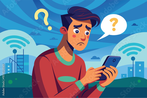 A man looks concerned while checking his phone, puzzled by the absence of a mobile signal outdoors Man wonders why phone has no signal, flat image.