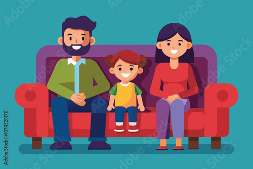 A cheerful man, woman, and child enjoy quality time together on a bright couch, smiling happily Man, woman, child sitting on couch, flat illustration.