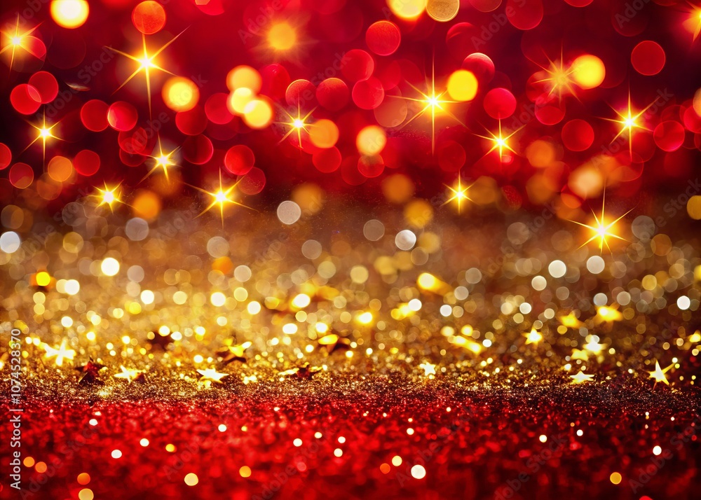 Christmas and New Year Celebration Background with Gold Glitter Decorations on Bright Red for Holiday Party Cards and Festive Occasions Christmas and New Year Celebration Background with Gold Glitter Decorations on Bright Red for Holiday Party Cards and Festive Occasions